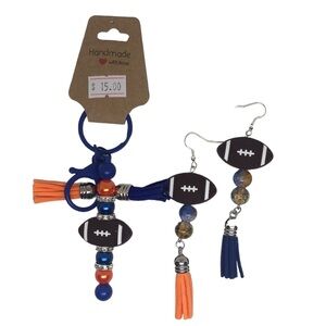 HANDMADE Denver Broncos Keychain Blue Orange Dangle Crackle Bead Earrings Set